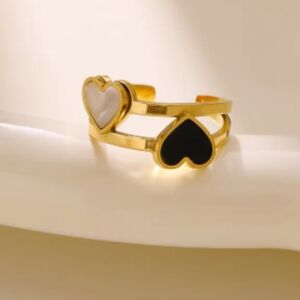 Gold Heart Ring with Black and White Accents